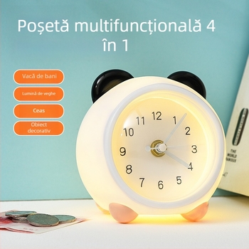 Ceas de noptieră pentru copii, cu pușculiță și lampă de noapte, mișcare mecanică, alimentare cu baterie, corp din plastic, stil desen animat