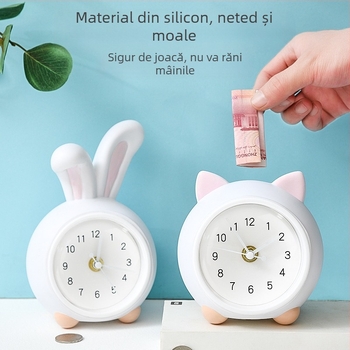 Ceas de noptieră pentru copii, cu pușculiță și lampă de noapte, mișcare mecanică, alimentare cu baterie, corp din plastic, stil desen animat