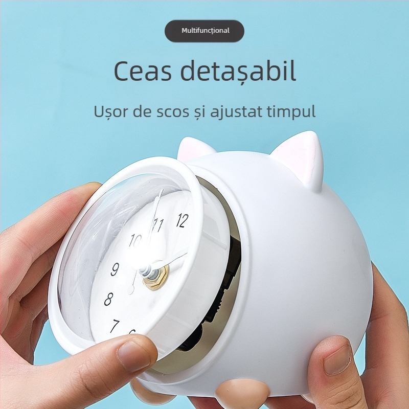 Ceas de noptieră pentru copii, cu pușculiță și lampă de noapte, mișcare mecanică, alimentare cu baterie, corp din plastic, stil desen animat