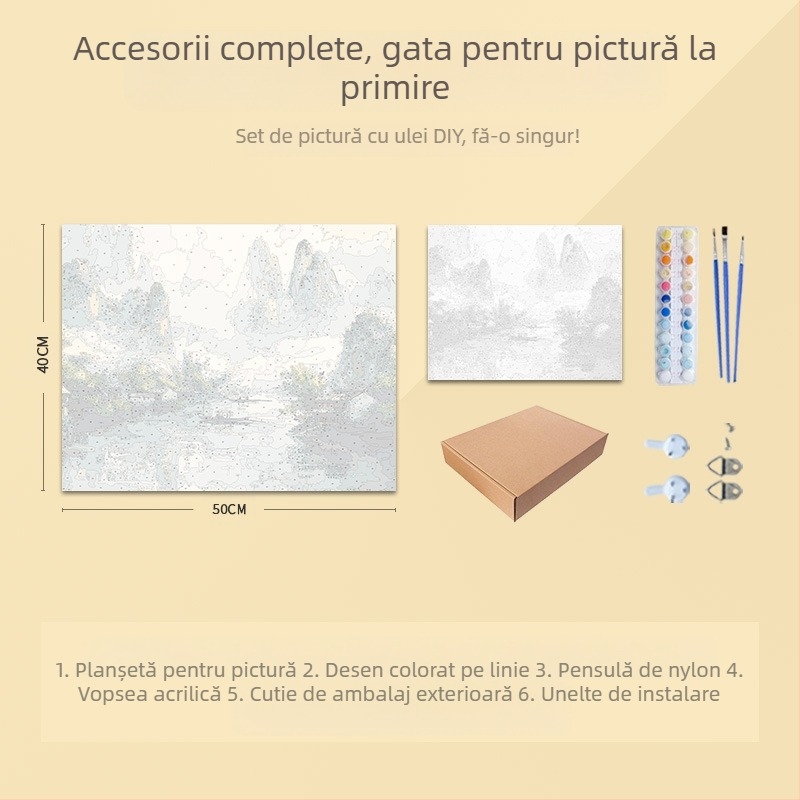 Tablou digital în ulei – peisaj chinezesc, pictură DIY manuală cu vopsea acrilică, ramă din lemn masiv, stil chinezesc