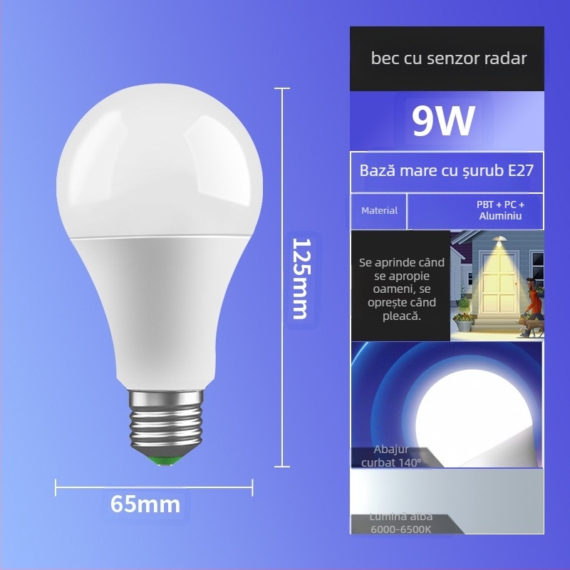 Lampă LED senzor, bază E27, 85-265V, fascicul de 180°, IP30, PF 0.6