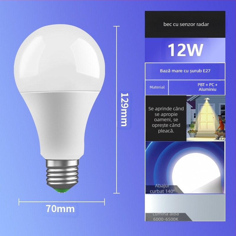 Lampă LED senzor, bază E27, 85-265V, fascicul de 180°, IP30, PF 0.6