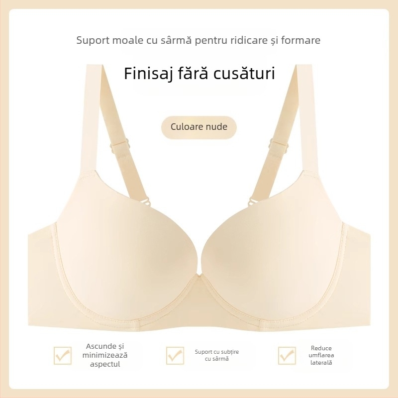  Sutien fără cusături, inel din oțel moale, cupă completă, cupă subțire modelată, susținere push-up, material nylon, bretele fixe dublu, închidere cu trei rânduri la spate