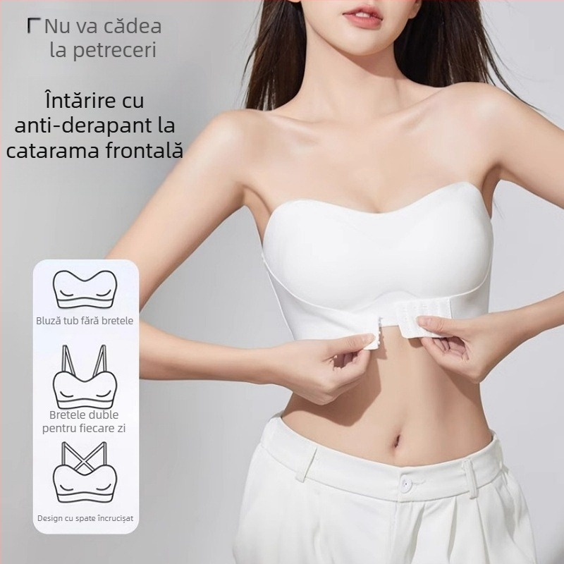 Sutien fara bretele, invizibil, antiderapant, cupa 3/4, inchidere frontala, material nylon