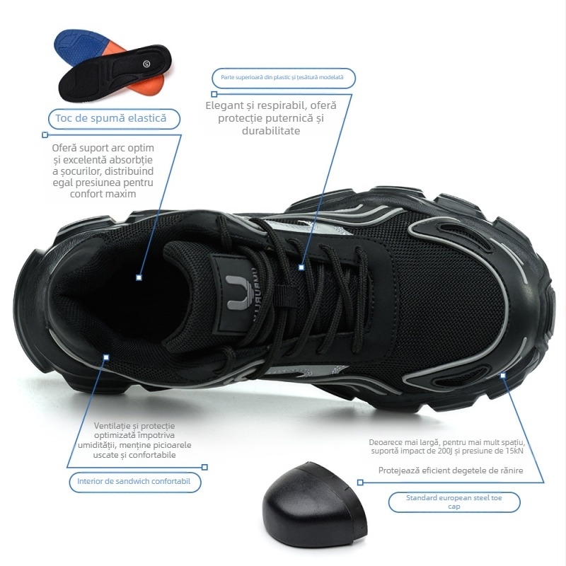 Anbaili pantofi de protecție pentru femei, vârf din oțel, suprafața Flyknit, antișoc și anti-perforație, design cu gleznă joasă