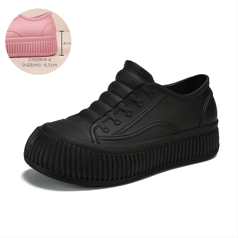 Cizme de ploaie pentru femei - impermeabile, PVC partea superioară, gambă joasă, slip-on, toc mic 1–3 cm