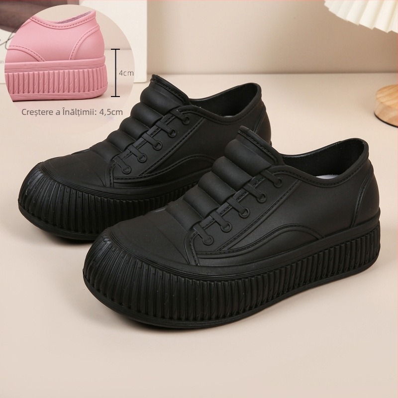 Cizme de ploaie pentru femei - impermeabile, PVC partea superioară, gambă joasă, slip-on, toc mic 1–3 cm