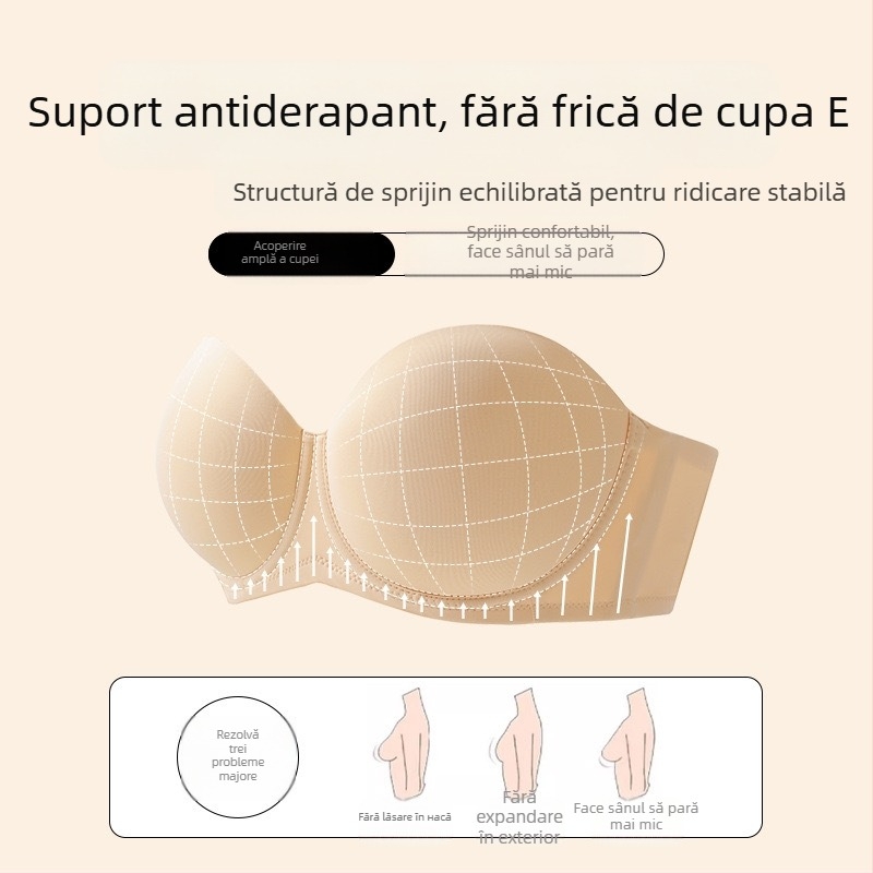 Sutien fără bretele pentru femei, cu inel metalic moale, push-up, cupă 1/2, cupe turnate subțiri, închidere pe spate cu patru rânduri