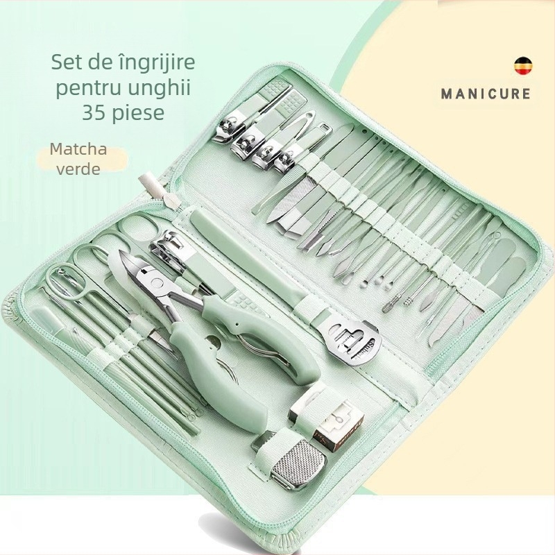 Set de manichiură cu husă cu fermoar, 35 piese, oțel inoxidabil, clește pentru caneluri de unghii, pense multifuncționale