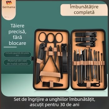 Set de unelte pentru îngrijirea unghiilor din oțel inoxidabil și oțel carbon; include fișier pentru îndepărtarea pielii moarte, șmirghel pentru suprafața unghiei și unelte de tăiere; greutate netă 255 g.