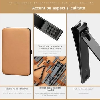 Set de unelte pentru îngrijirea unghiilor din oțel inoxidabil și oțel carbon; include fișier pentru îndepărtarea pielii moarte, șmirghel pentru suprafața unghiei și unelte de tăiere; greutate netă 255 g.