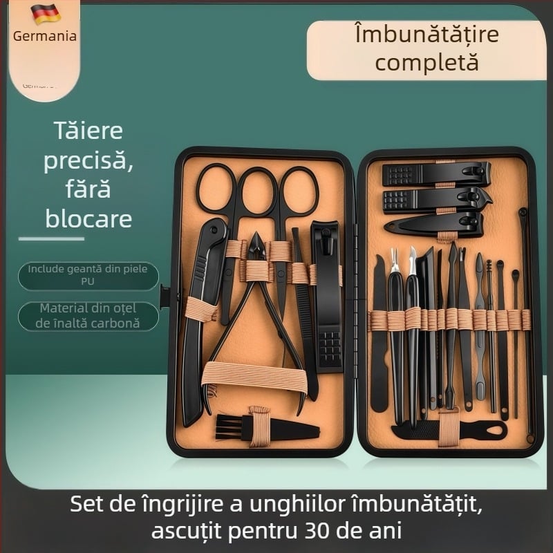 Set de unelte pentru îngrijirea unghiilor din oțel inoxidabil și oțel carbon; include fișier pentru îndepărtarea pielii moarte, șmirghel pentru suprafața unghiei și unelte de tăiere; greutate netă 255 g.