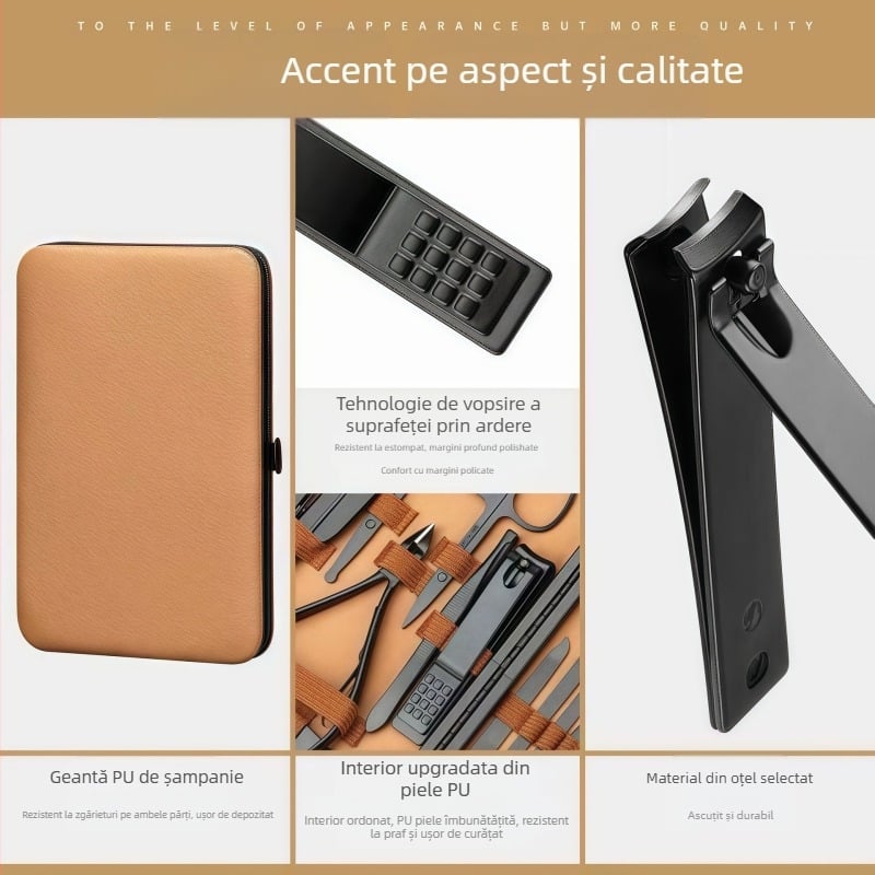 Set de unelte pentru îngrijirea unghiilor din oțel inoxidabil și oțel carbon; include fișier pentru îndepărtarea pielii moarte, șmirghel pentru suprafața unghiei și unelte de tăiere; greutate netă 255 g.