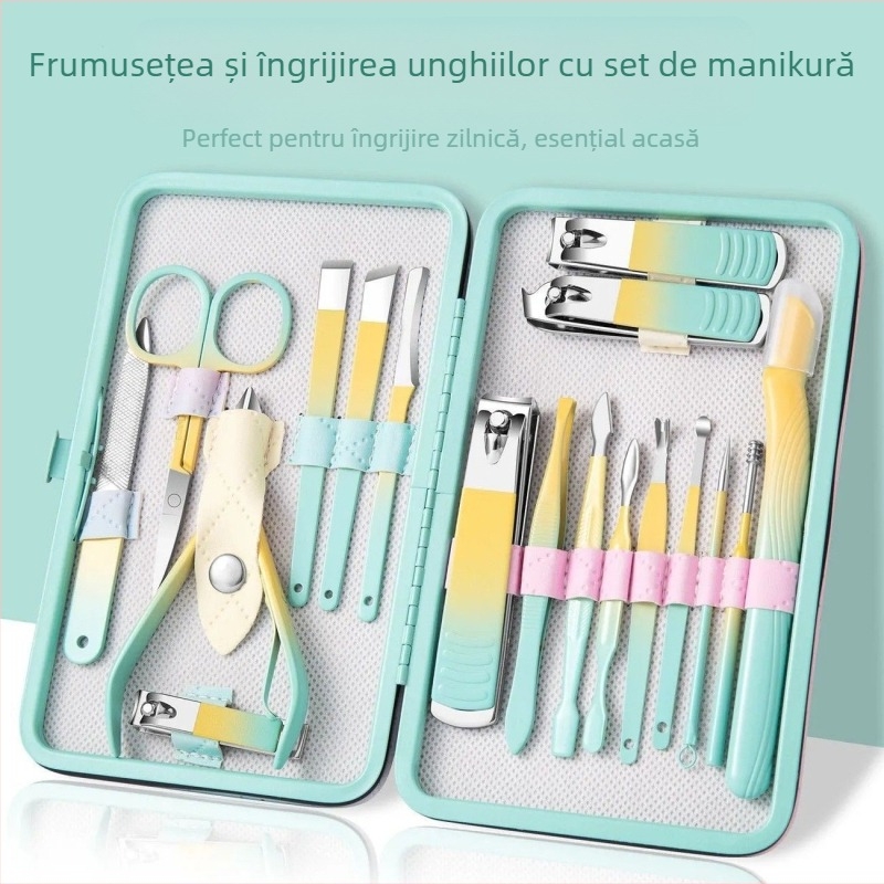 Set de îngrijire a unghiilor din oțel inoxidabil, 18 piese, cu cuțit pentru pedicură și clește pentru sprâncene; unelte din oțel cu carbon