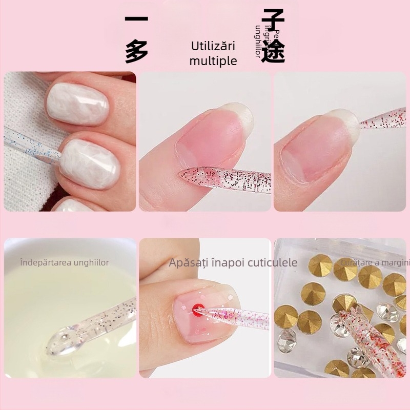 Unealtă multifuncțională pentru manichiură cu capăt dublu pentru împingerea pielii, creion pentru cristale și creion pentru flori – din plastic