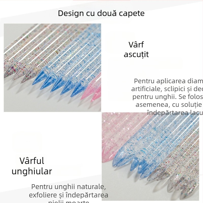 Unealtă multifuncțională pentru manichiură cu capăt dublu pentru împingerea pielii, creion pentru cristale și creion pentru flori – din plastic