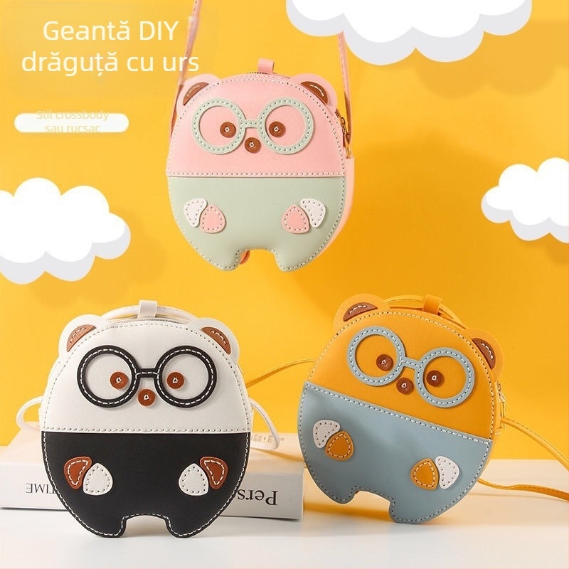 Geantă crossbody din PU, formă rotundă, model animale, închidere cu fermoar, buzunar interior pentru ID