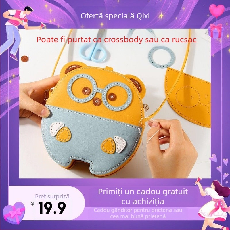 Geantă crossbody din PU, formă rotundă, model animale, închidere cu fermoar, buzunar interior pentru ID