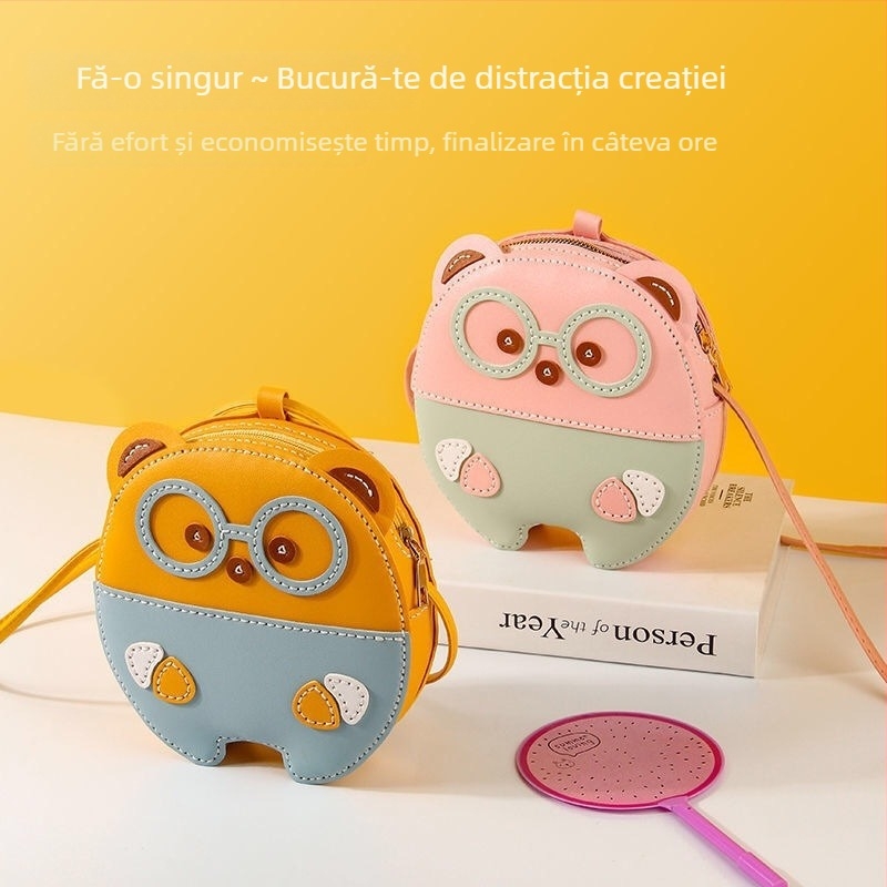 Geantă crossbody din PU, formă rotundă, model animale, închidere cu fermoar, buzunar interior pentru ID