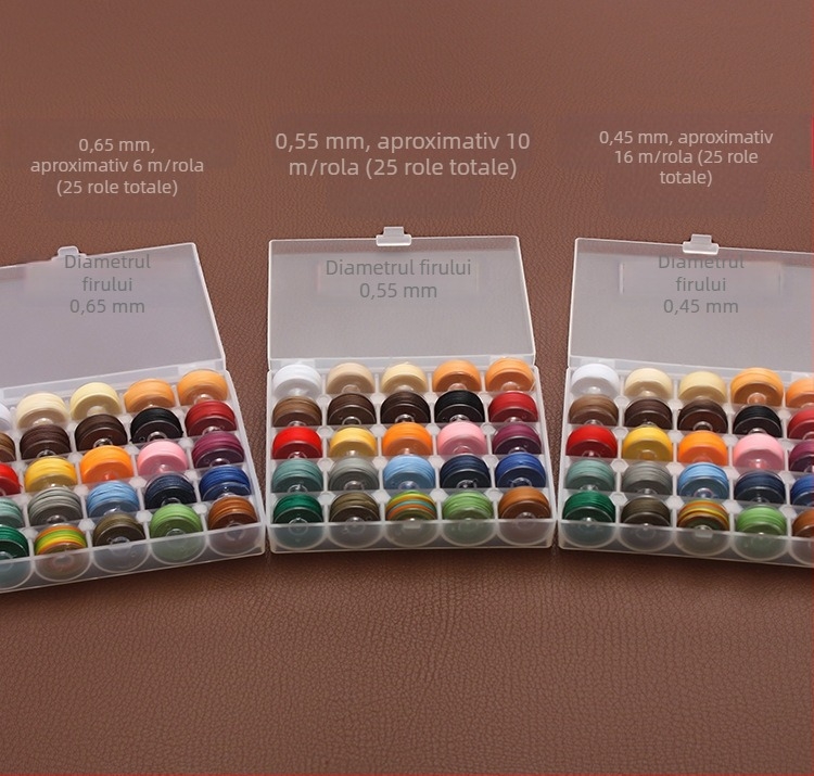 Fir cerat cusut manual, rotund, cutie cu 25 de culori curcubeu, din poliester, pentru cusut, diametre 0,45/0,55/0,65 mm