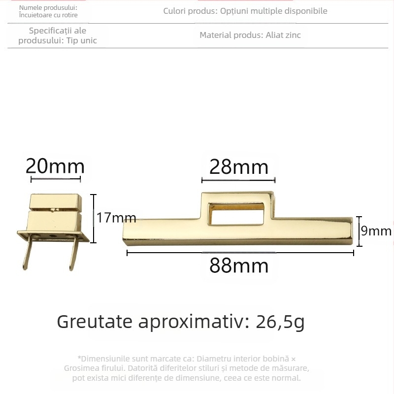 Încuietoare aurie pentru bagaje, diametru exterior 88 mm, din metal turnat, Twist Lock, încuietoare cu bară dreaptă, încuietoare pătrată