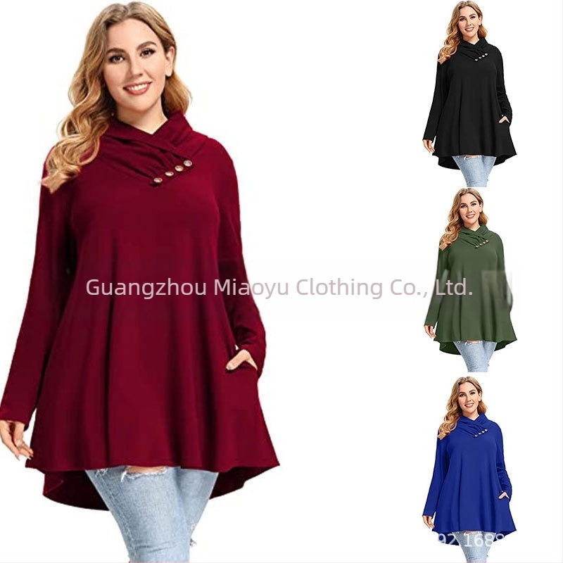 Top damă din poliester cu mâneci lungi, guler oblic, croială lejeră, model uni