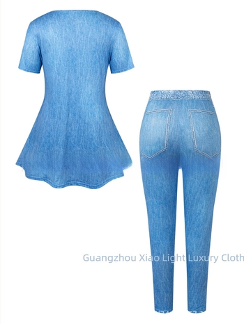 Set pantaloni dama imprimat, tricou cu mâneci scurte, poliester/spandex 90–95%, toamnă 2024, stil lejer japonez-coreean
