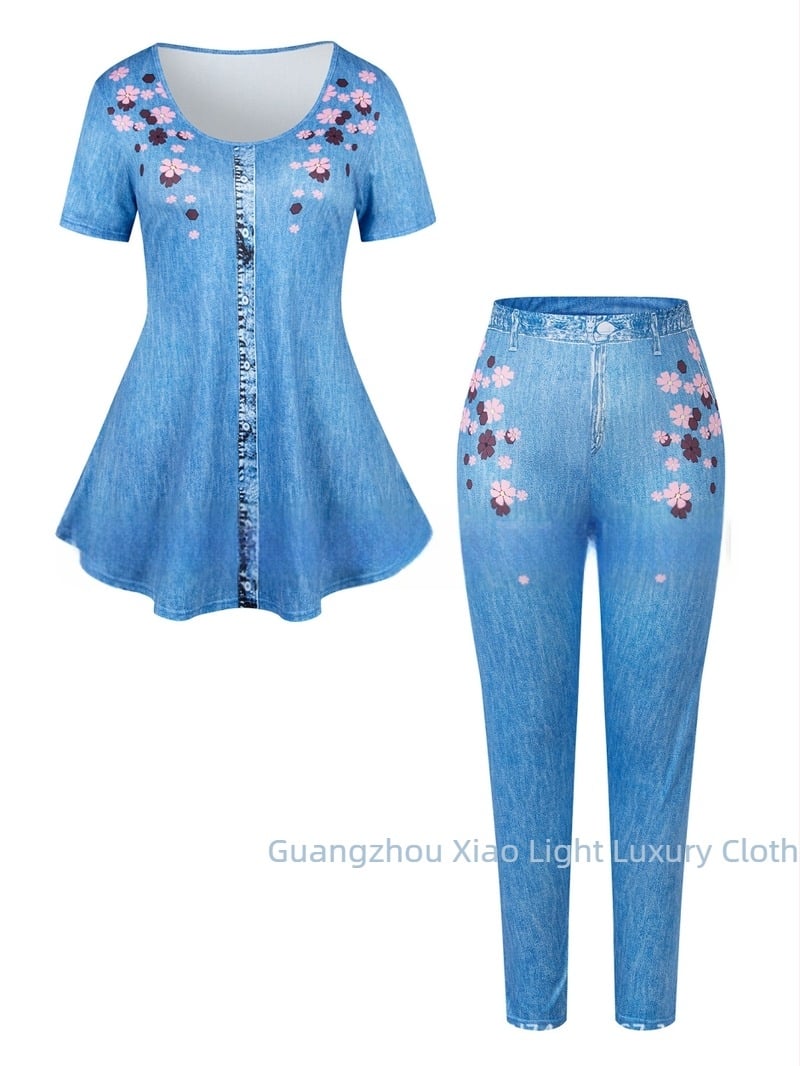 Set pantaloni dama imprimat, tricou cu mâneci scurte, poliester/spandex 90–95%, toamnă 2024, stil lejer japonez-coreean