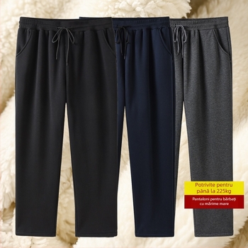 Pantaloni casual bărbați căptuți cu fleece, croială lejeră, drept, talie medie-înaltă, material gros din amestec bumbac-poliester, microelasticitate
