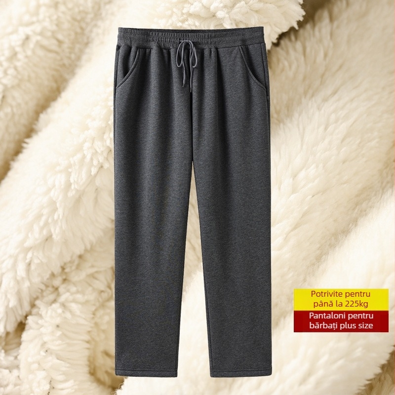 Pantaloni casual bărbați căptuți cu fleece, croială lejeră, drept, talie medie-înaltă, material gros din amestec bumbac-poliester, microelasticitate