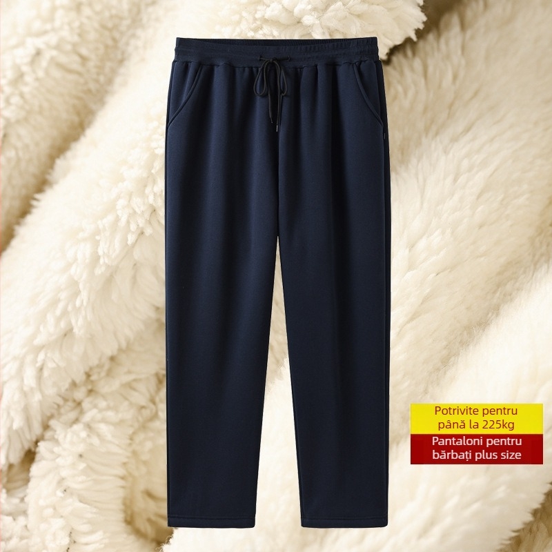 Pantaloni casual bărbați căptuți cu fleece, croială lejeră, drept, talie medie-înaltă, material gros din amestec bumbac-poliester, microelasticitate