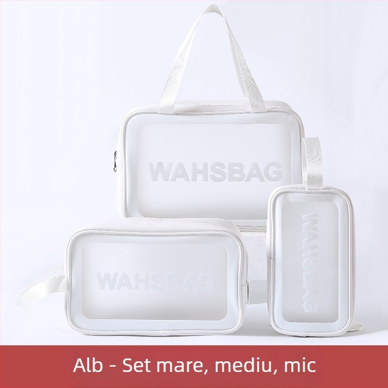 Geantă de machiaj din PVC, cub, impermeabilă, cu compartimentare uscat-umed, capacitate mare