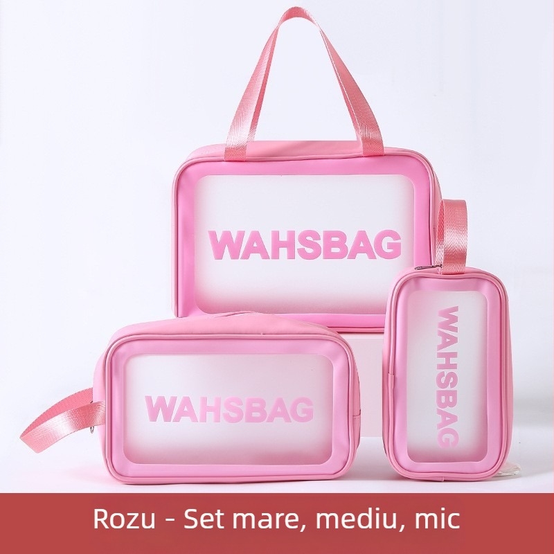 Geantă de machiaj din PVC, cub, impermeabilă, cu compartimentare uscat-umed, capacitate mare