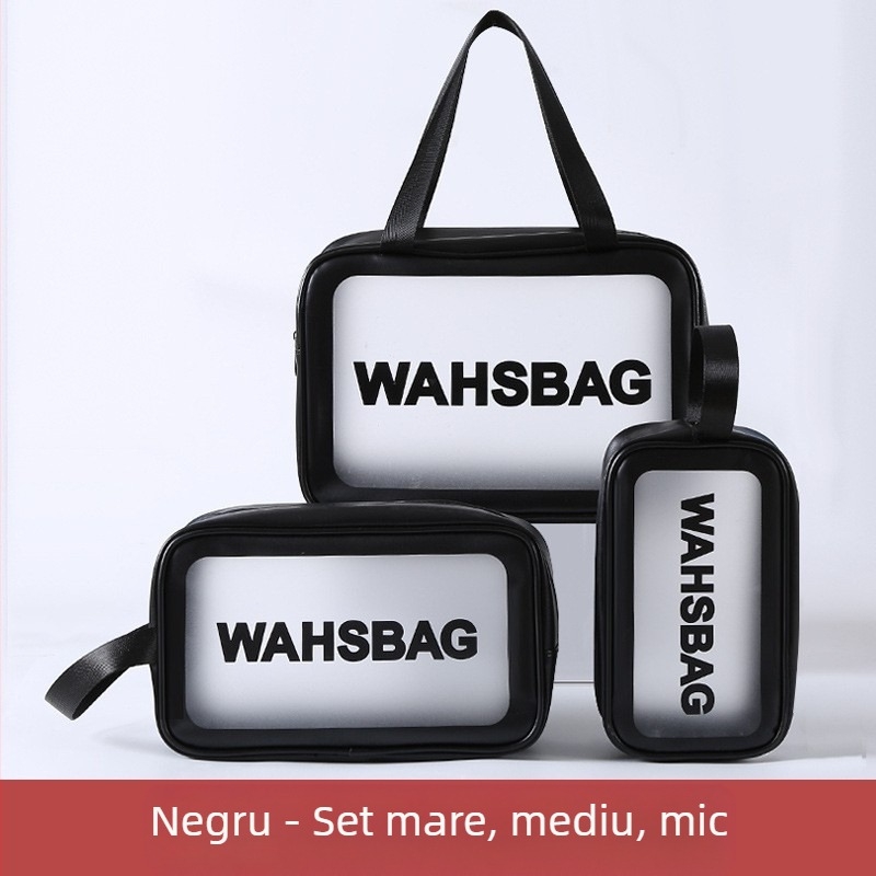 Geantă de machiaj din PVC, cub, impermeabilă, cu compartimentare uscat-umed, capacitate mare