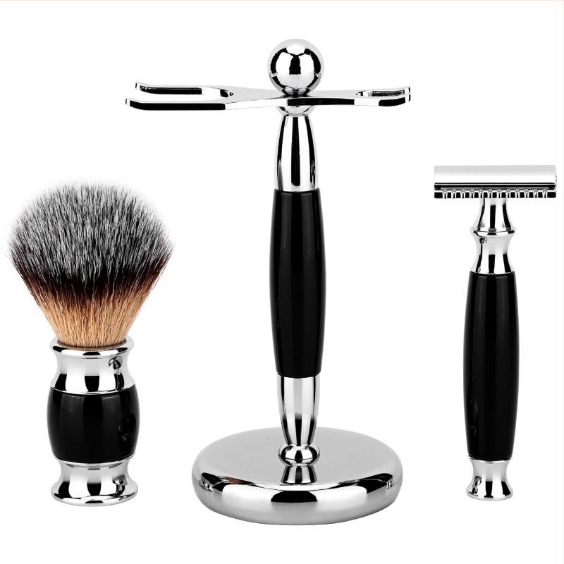 Xinming Set de ras manual cu perie pentru barbă și perie pentru spumă, lamele de ras vândute separat, ambalaj 50 buc