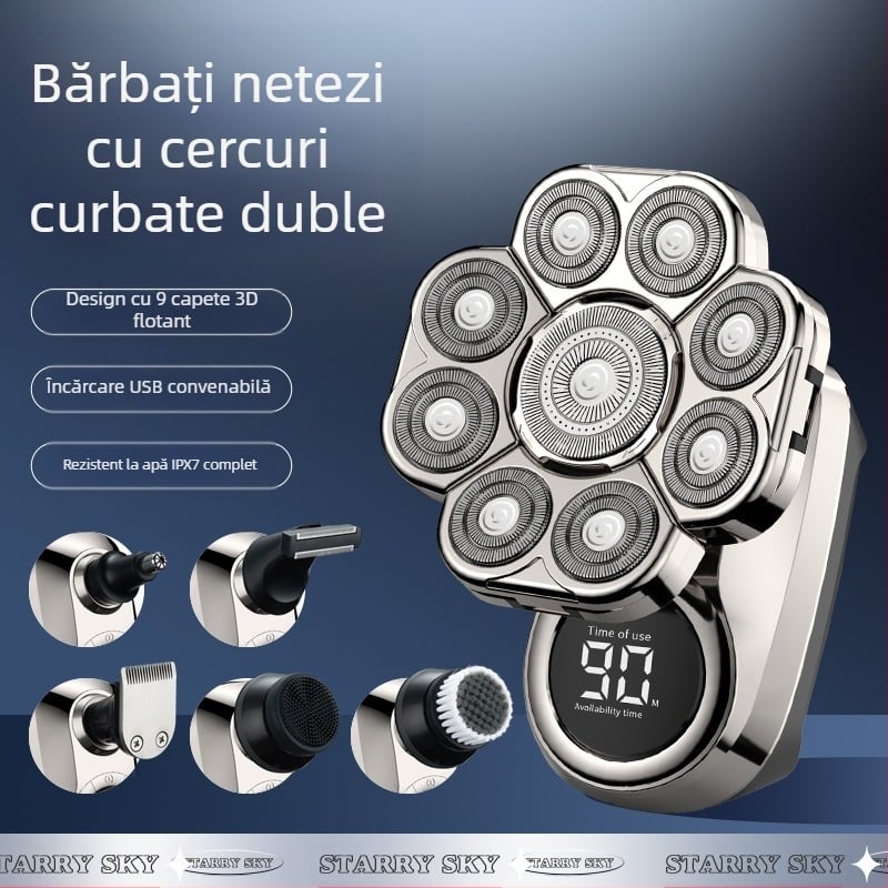 Aparat de ras electric cu cap rotativ multiplu (>4), baterie încorporată 500–800 mAh, autonomie de 2 ore, complet lavabil
