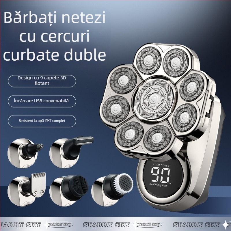 Aparat de ras electric cu cap rotativ multiplu (>4), baterie încorporată 500–800 mAh, autonomie de 2 ore, complet lavabil