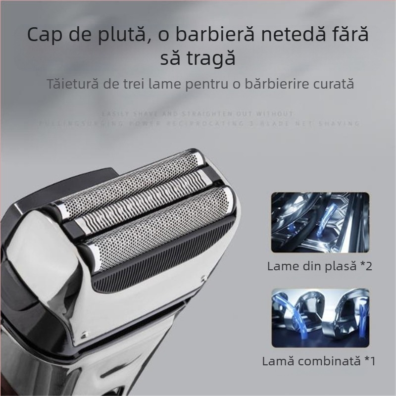 Aparat de ras electric pentru întreg corpul, rezistent la apă, încărcare USB, cap cu trei lame reciproce, baterie încorporată 800-1000 mAh, autonomie peste 60 de minute, putere maximă 3W