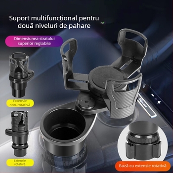 Suport rotativ pentru pahare, cu două niveluri, pentru consola centrală a mașinii, cu coaster – ABS, Modelul 123, Panoul de instrumente
