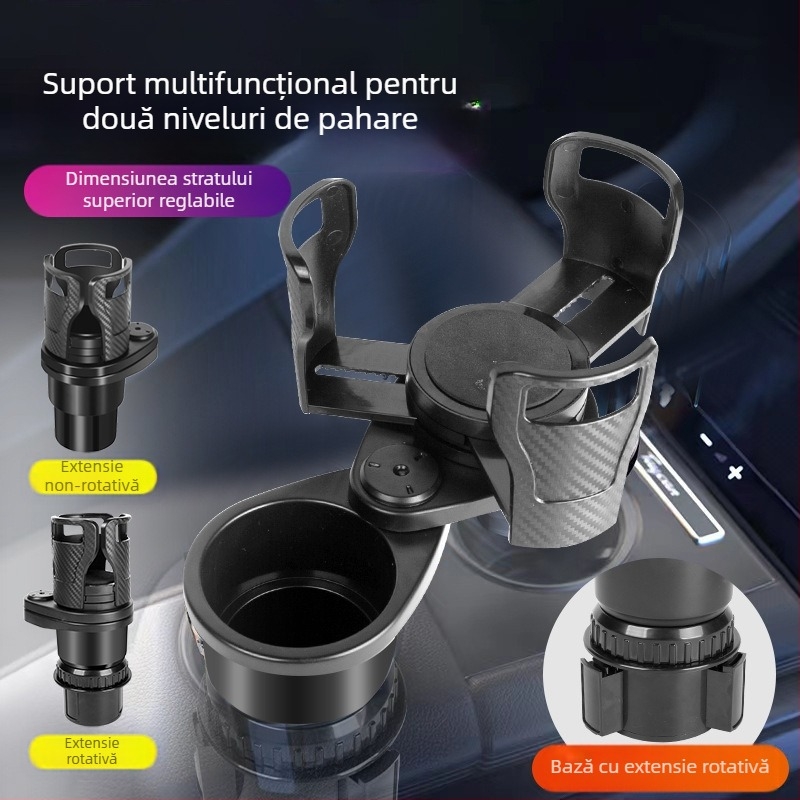 Suport rotativ pentru pahare, cu două niveluri, pentru consola centrală a mașinii, cu coaster – ABS, Modelul 123, Panoul de instrumente