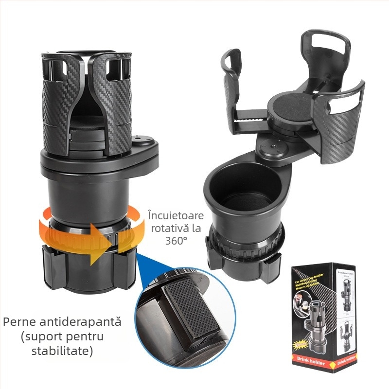 Suport rotativ pentru pahare, cu două niveluri, pentru consola centrală a mașinii, cu coaster – ABS, Modelul 123, Panoul de instrumente