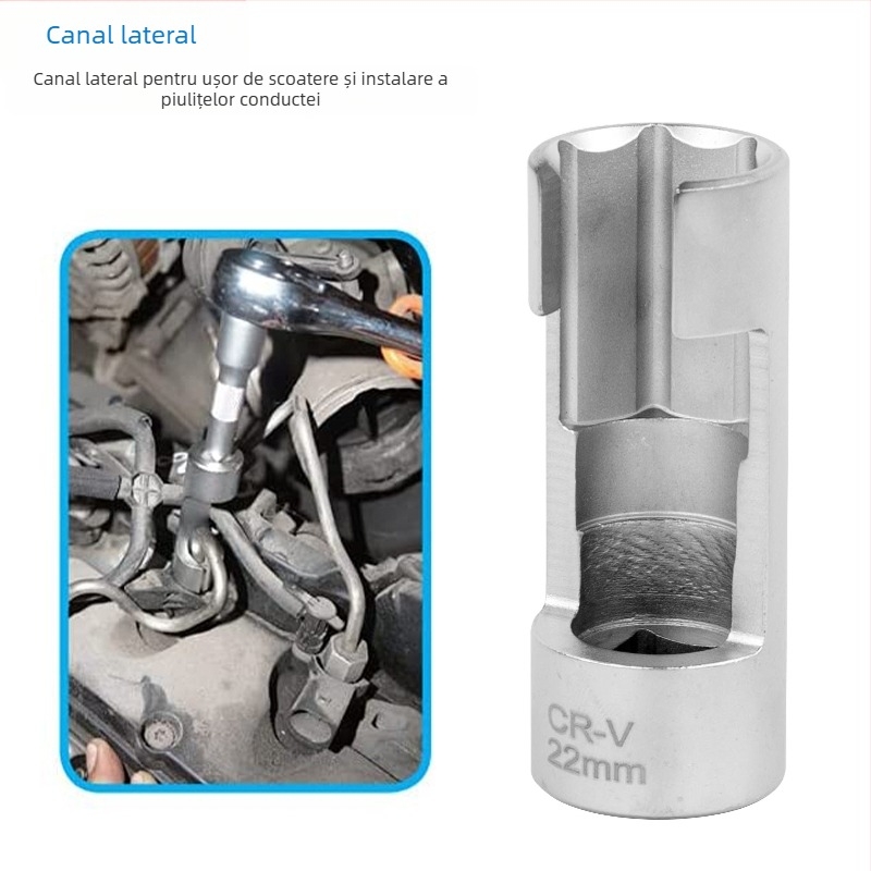 Cheie din oțel crom-vanadiu pentru conducta de injecție diesel, cu priză hexagonală și acces la senzorul de oxigen