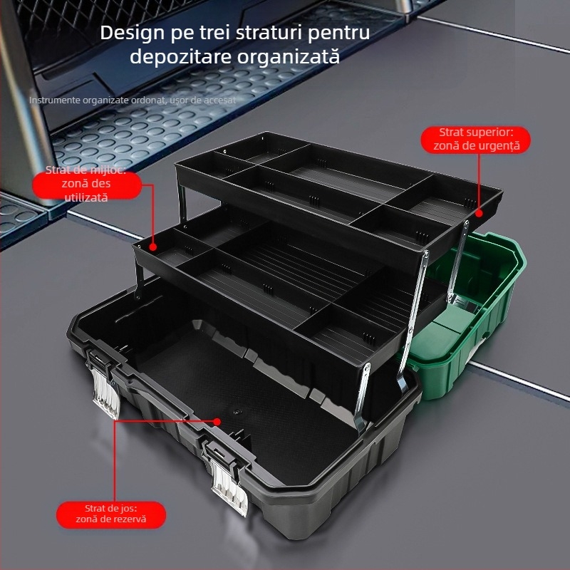 Cutie de scule din plastic cu design pliabil în trei straturi, capacitate mare