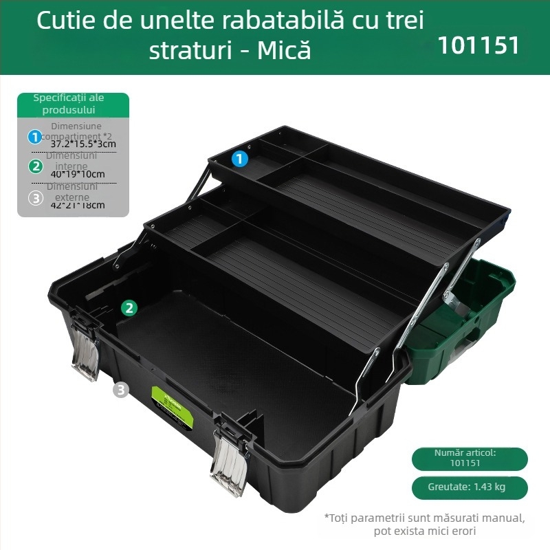 Cutie de scule din plastic cu design pliabil în trei straturi, capacitate mare