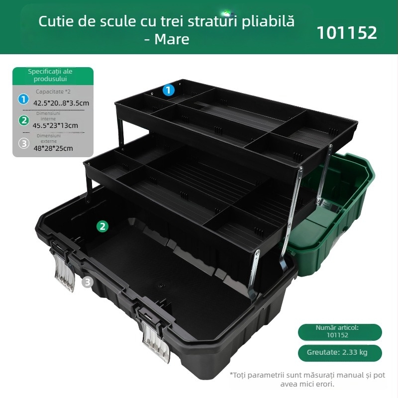 Cutie de scule din plastic cu design pliabil în trei straturi, capacitate mare