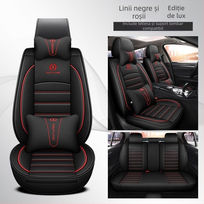 Set universal de huse pentru scaune auto, patru anotimpuri, din microfibră de piele, stil cusături sportive, cu logo imprimat