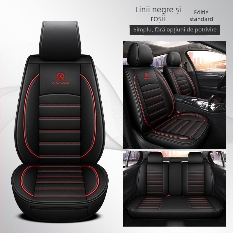 Set universal de huse pentru scaune auto, patru anotimpuri, din microfibră de piele, stil cusături sportive, cu logo imprimat
