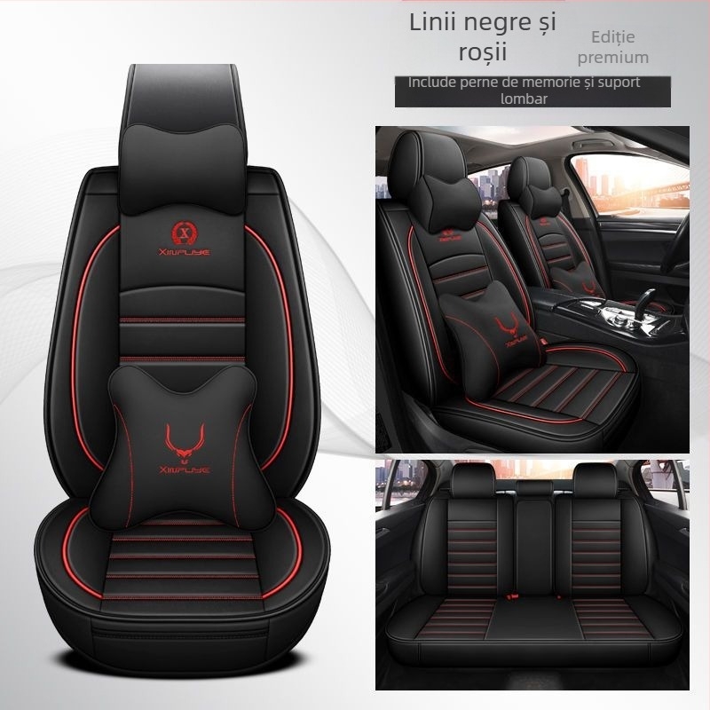 Set universal de huse pentru scaune auto, patru anotimpuri, din microfibră de piele, stil cusături sportive, cu logo imprimat