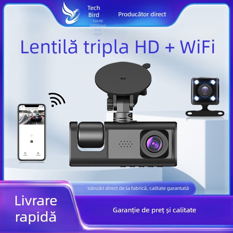Camera de bord C3 cu lentile duale, unghi 120°, 720p, Wi‑Fi, înregistrare în buclă, înregistrare față-spate, ecran 2,0 inch