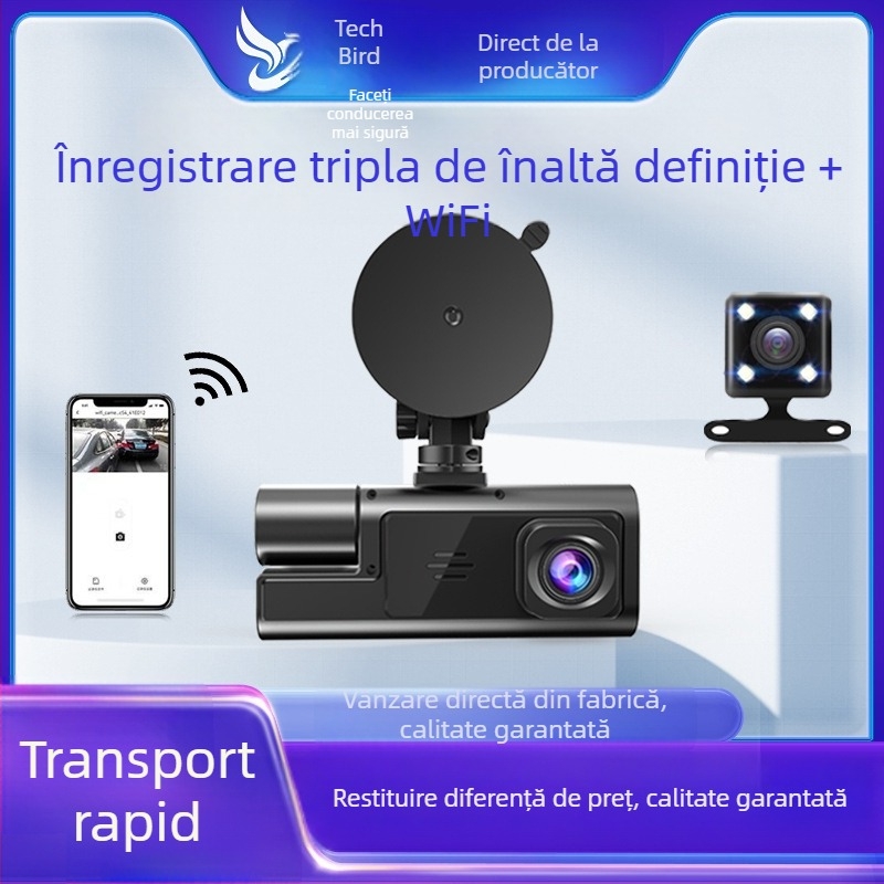 Camera de bord C3 cu lentile duale, unghi 120°, 720p, Wi‑Fi, înregistrare în buclă, înregistrare față-spate, ecran 2,0 inch